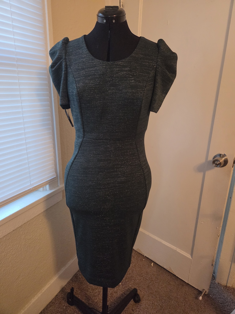 Calvin Klein Dark Green Sheath Dress with Puff Sleeves